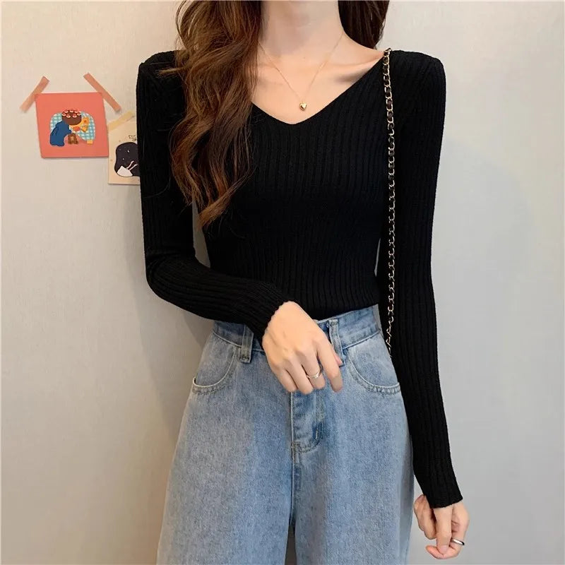 2025 einfarbig Schlank Pullover Koreanische Herbst Winter V-ausschnitt Pullover Mode Lässig Langarm Gestrickte Pullover Frauen Kleidung