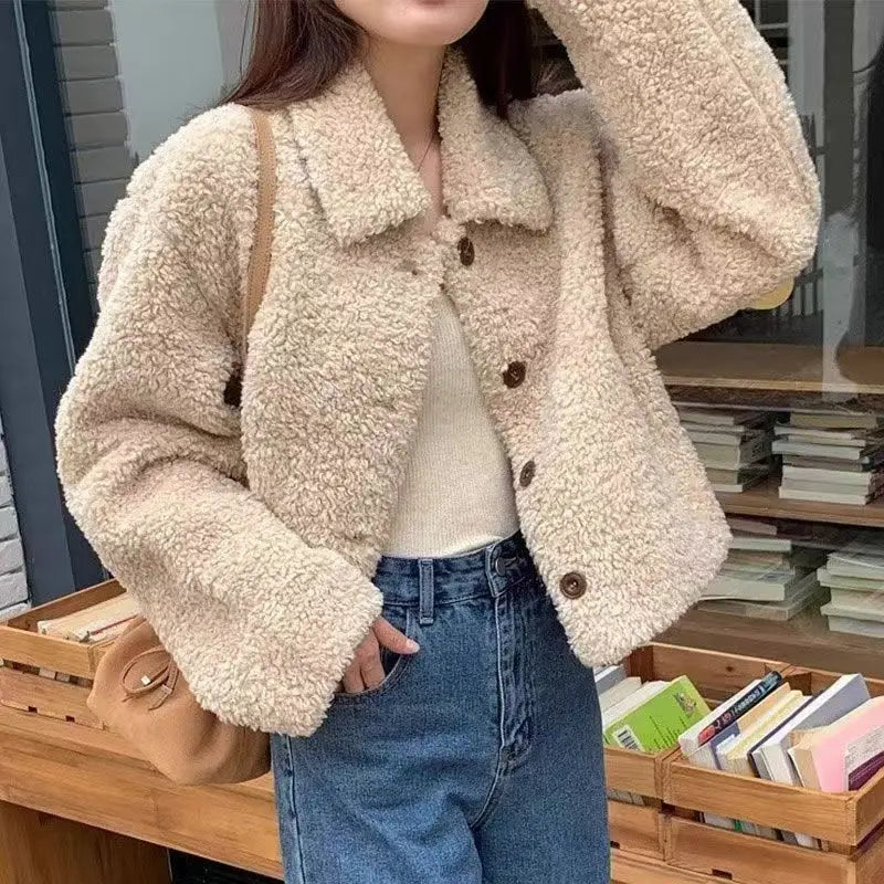 Frauen Herbst Winter Doppel Fleece Warme Verdicken Jacke drehen-unten Einreiher Kurze Oberbekleidung Lose Mode Lässig Mantel
