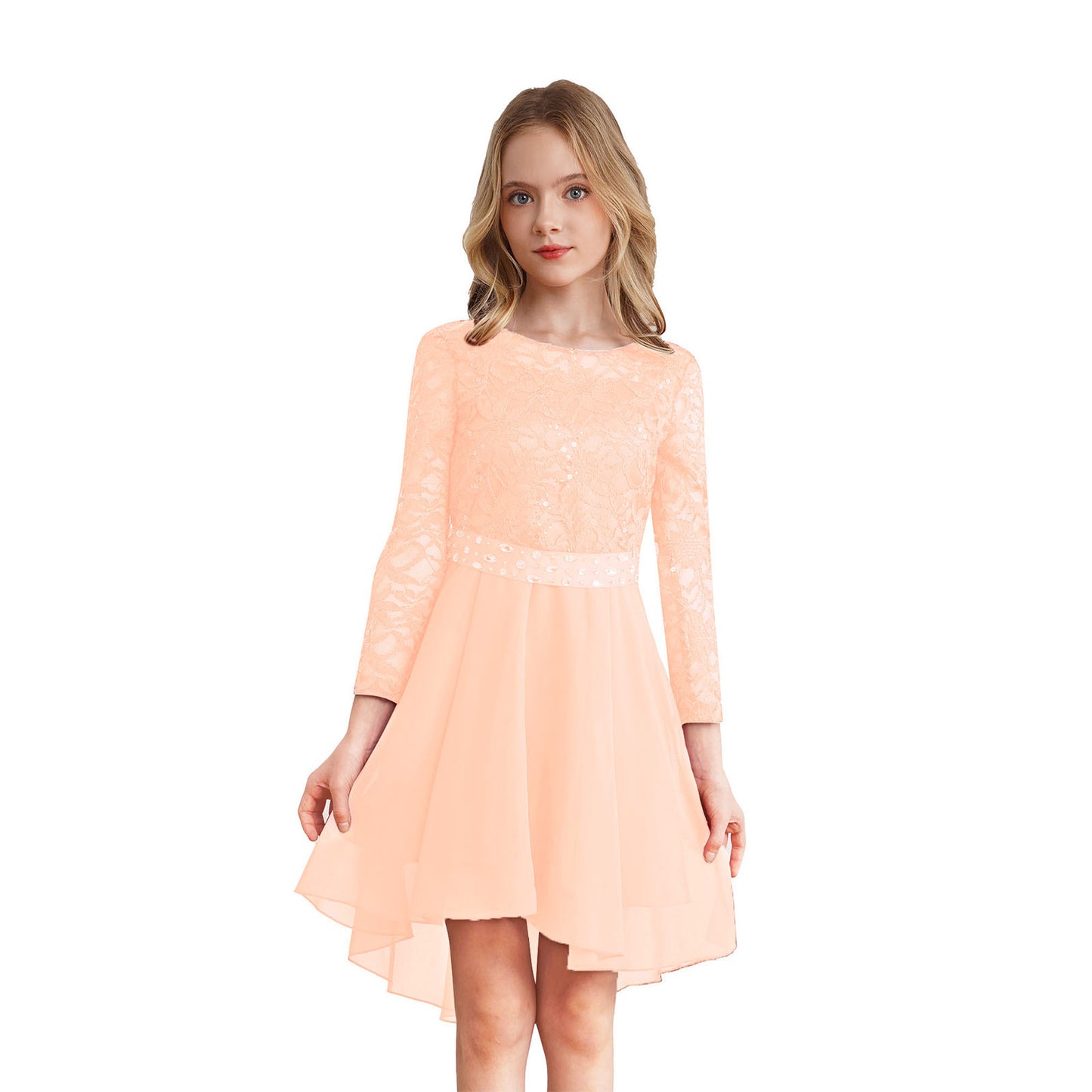 Elegantes Spitzen-Partykleid für Kinder, Mädchen, Chiffon, Spleißen, langärmelig, Kleid mit hohem und niedrigem Saum und Strass-Schärpe für Hochzeit, Geburtstag