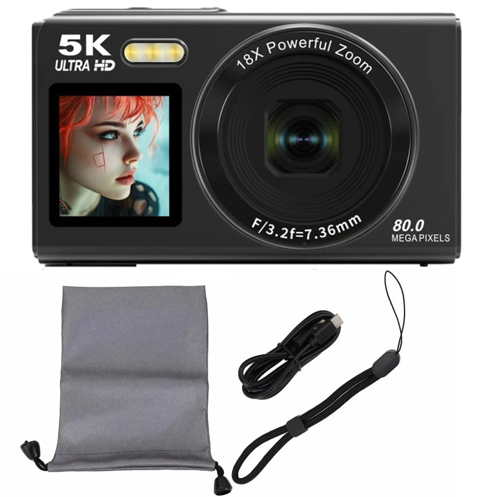 Ourlife Digital Camera CCD Dual Screen Portable Digital Camera 18X Zoom 5K Vintage Vlog Video Recorder 80MP CCD Selfie Camera.