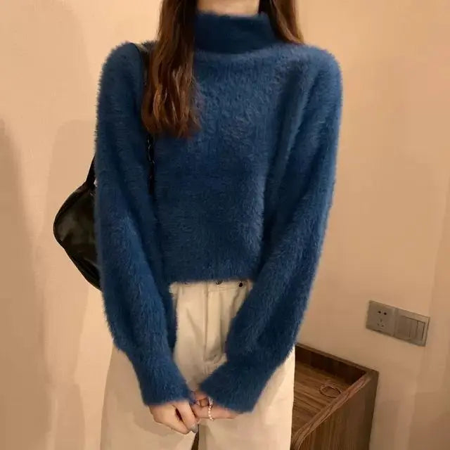 2025 frauen Gestrickte Tops Winter Imitieren Nerz Wolle Heißer Fleece Weibliche Rollkragen Elastische Beiläufige Pullover Weiche Warme Pullover