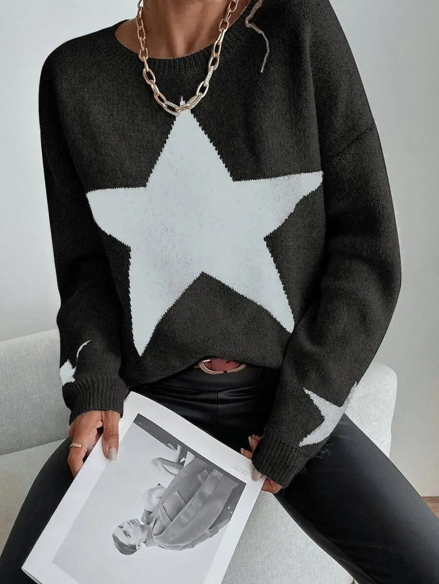 Stern Pullover Pullover Frauen Herbst Frühling Einfache Strick Elastische Pullover Jumper Casual Dicke Warme Schwarz Weiß Grundlegendes Jumper