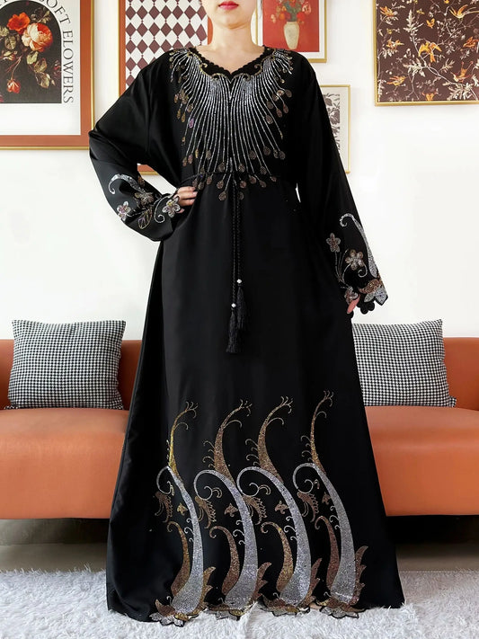 2025Fashion Dubai Diamond Muslim Women Modest Dress Elegant Arabic Femme Hijab Long Sleeve Chiffon Abaya Islamic Turkey Clothing.
