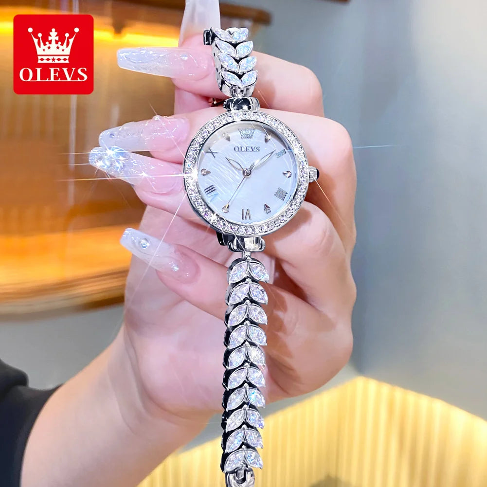 OLEVS 9971 Women's Watches Elegant Fashion Original Wristwatch Waterproof Fish Bone Strap Luminous Hand Diamond Bezel Reloj