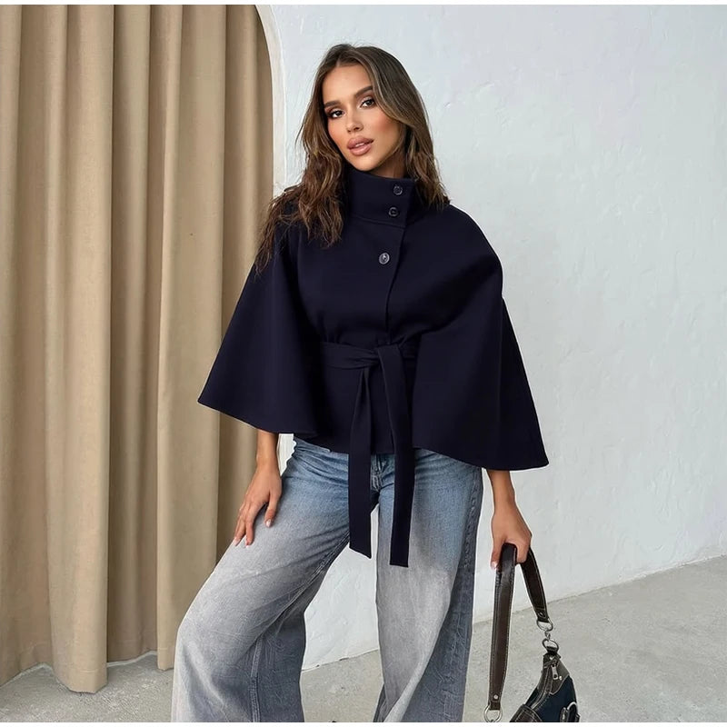 Damenmantel, kurze Cape-Mäntel für Damen, Gürtel, Mäntel aus Kunstwolle und Mischungen, Herbst-Winter, feste Mäntel, elegante Umhangjacke für Damen