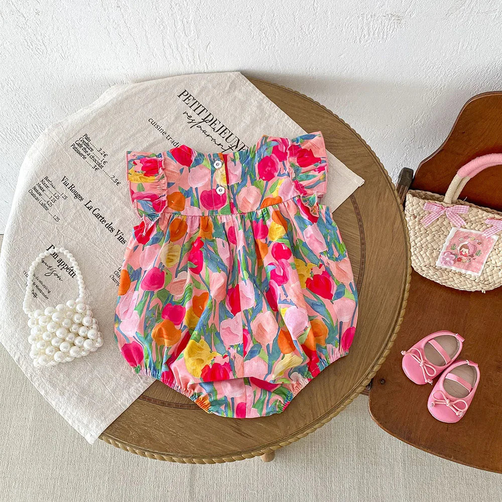 MILANCEL 2025, Sommerkleidung für Babys, Mädchen, Rüschenärmel, Kleinkind-Mädchen-Bodys, Tulpenmuster, Einteiler für Kleinkinder
