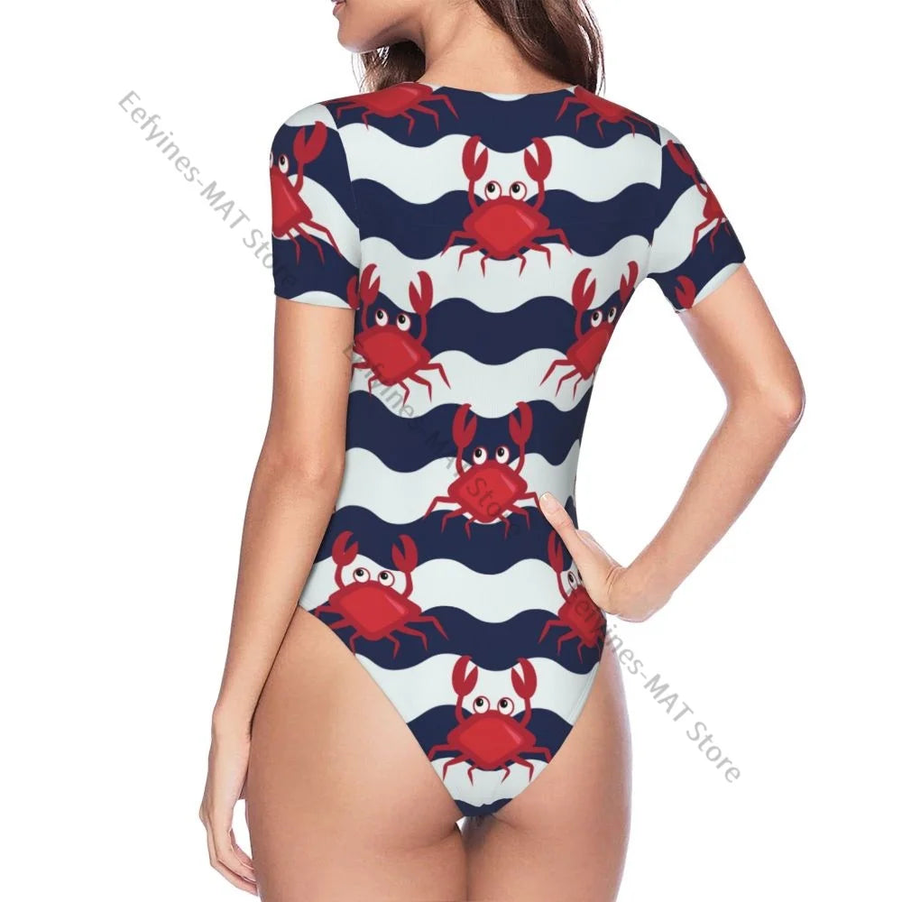Frau schlanke Boden Overall nautische Krabben niedlichen Krabben und gestreiften Hintergrund weibliche kurze Overall Bodysiut sexy Kleidung