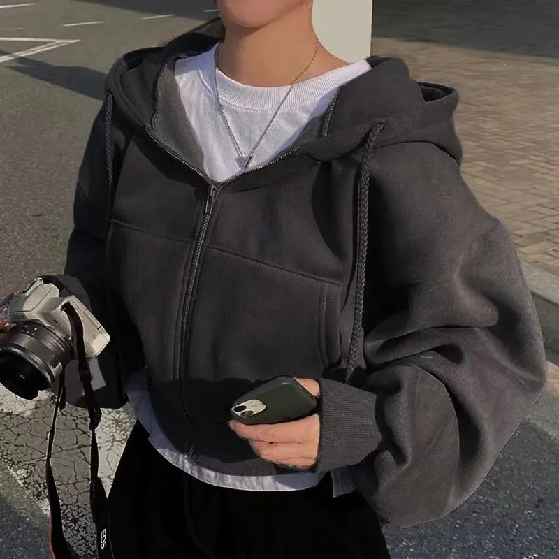 2024 Frühling Herbst Neues, mit Fleece gefüttertes, vielseitiges, abgeschnittenes Slims glättet Silhouette mit Reißverschluss, warmes, marineblaues Kapuzen-Sweatshirt für Damen.