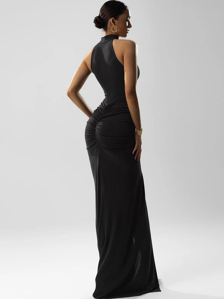 Whatiwear Off Schulter Mode Maxi Kleid Frauen Geraffte Rollkragen Ärmel Splits Robe Mitternacht Prom Party Elegante Vestidos