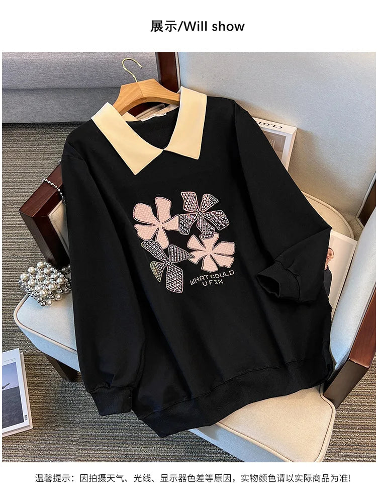 170 kg Plus Size Damen-Büste 170 Frühling Herbst Loose Diamond Collared Sweatshirt Schwarz 4XL 5XL 6XL 7XL 8XL 9XL