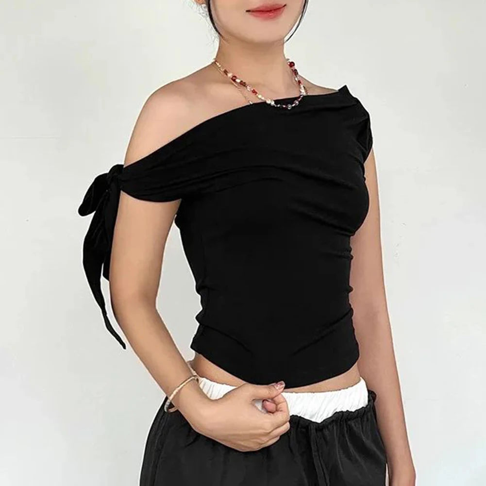 Vacation Styles One-Shoulder Cropped Top Womens Slim Fit Women One Shoulder Top Applicable For Vacation Solid Color Pattern