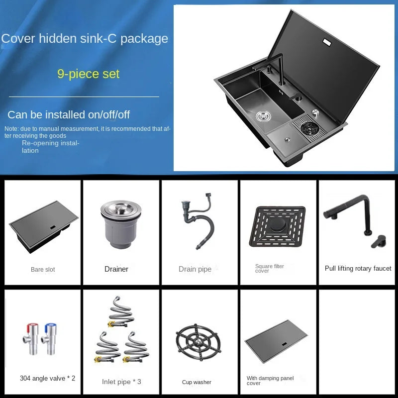 Multifunctional Nano Stainless Steel Kitchen Sink with Cover Plate, Thickened Single Basin Island Table Sink 88*51*22CM