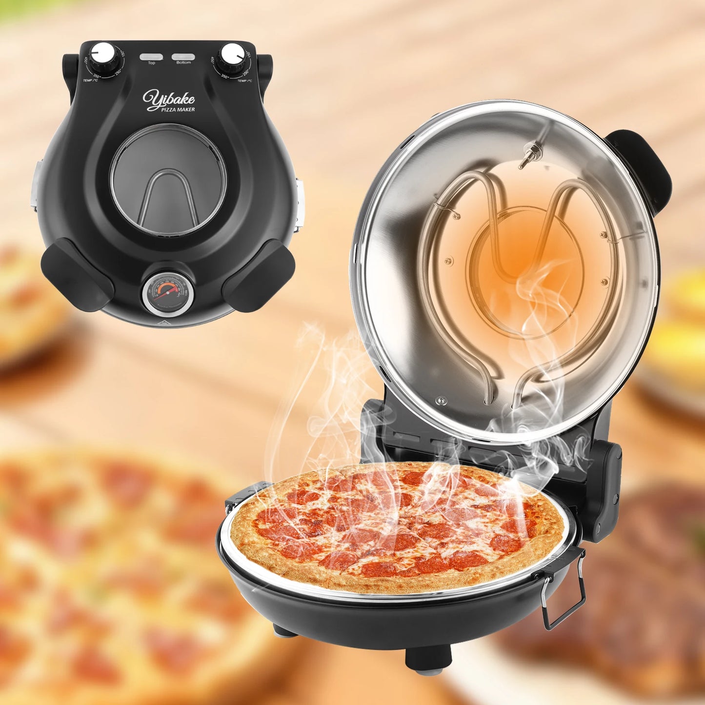YIBAKE 12-Zoll-Elektro-Pizzaofen für den Innenbereich, antihaftbeschichtet, Keramikstein, erhitzt bis zu 420 ℃ für köstliches gebackenes Pizzeria-Set
