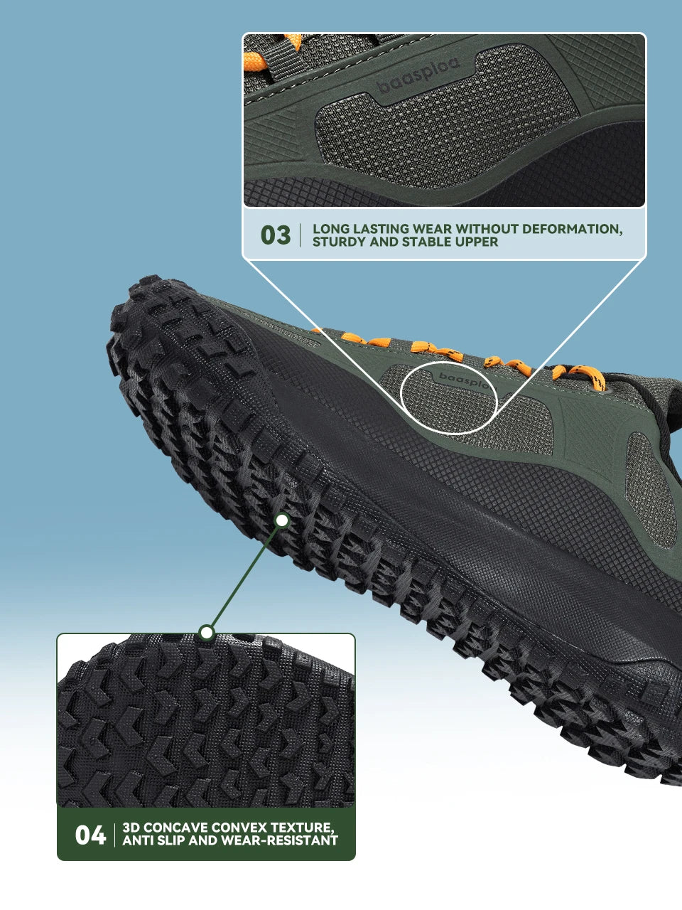 Baasploa Wanderschuhe Herren Outdoor Wasserdicht Camping Beständig Rutschfeste Turnschuhe Männlich Lässig Leichte Schnür-Wanderschuhe