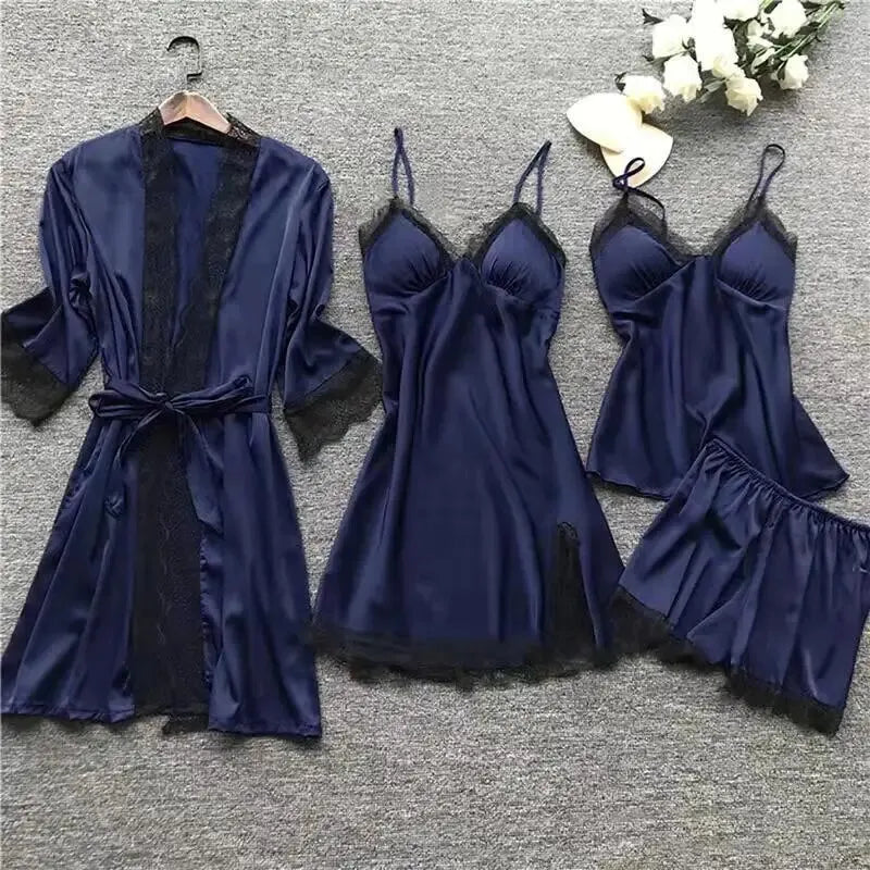4PCS Nachtwäsche Pyjamas Set Seide Frauen Nachthemd Spitze Kleid Robe Schlaf Nachtwäsche Seide Einfarbig Pijama Sets
