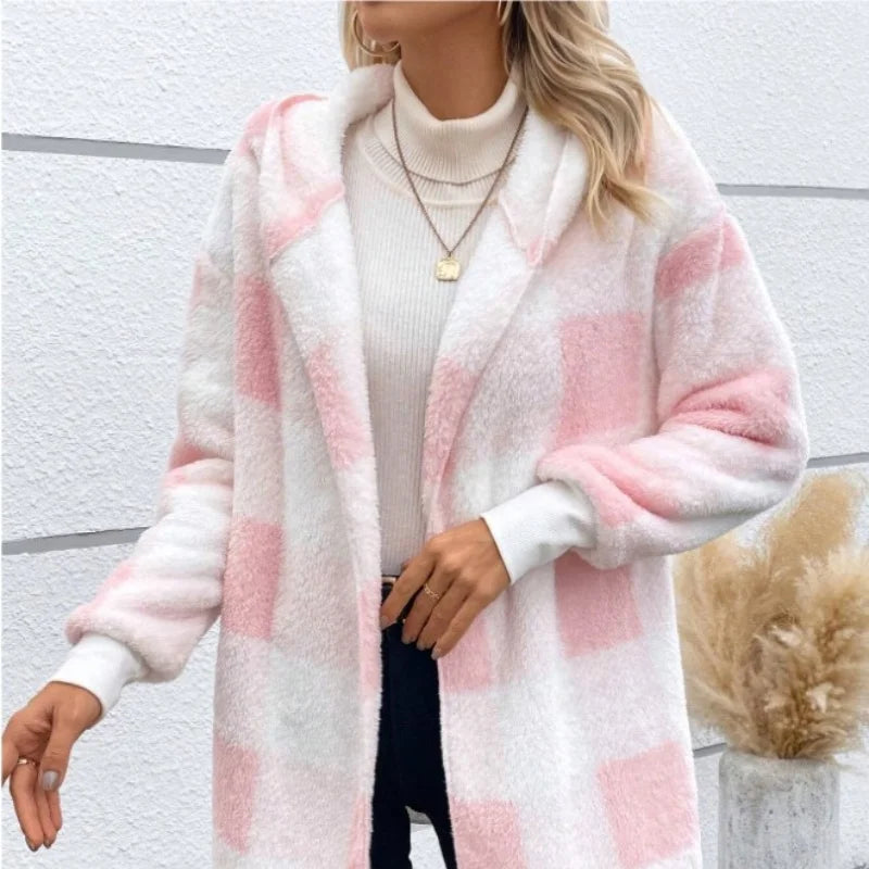 Frauen Herbst Winter Doppel Fleece Plaid Strickjacke Weiche Lose Lange Hülse Plüsch Warme Mit Kapuze Jacke Weibliche Patchwork Oberbekleidung Mantel