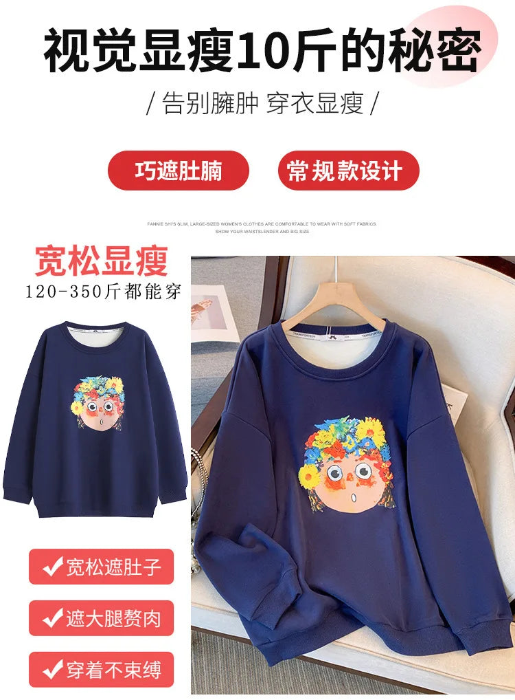 150kg plus size Damen büste Herbst Winter lose Rundhals ausschnitt Fleece warmes Sweatshirt bedrucktes Oberteil blau 5xl 6xl 7xl 8xl 9xl