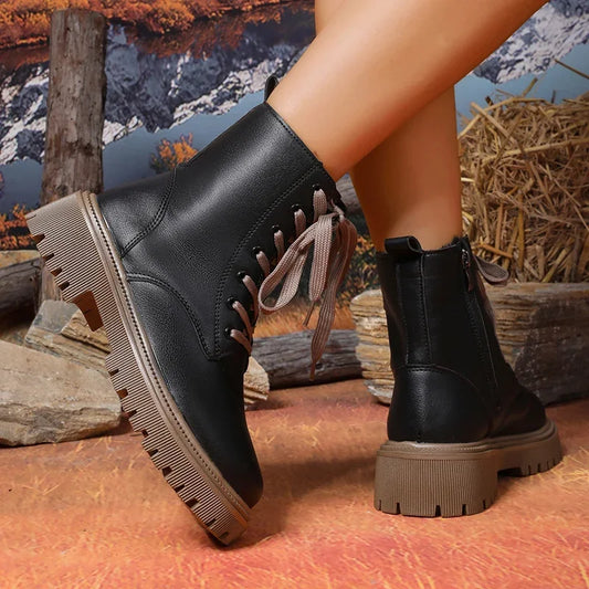 Autumn Winter Short Plush Ankle Boots Women Fashion Lace Up Pu Leather Platform Boots Woman Thick Sole Motorcycle Botas Mujer 42.