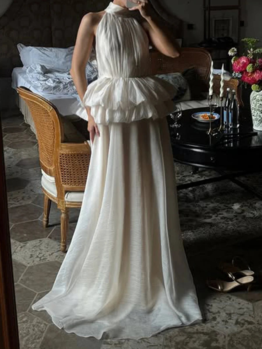 VGH Solide Abend Gespleißt Rüschen Maxi Kleider für Frauen High Neck Ärmellose Tunika Temperament Zeremonie Kleid Weibliche Kleidung