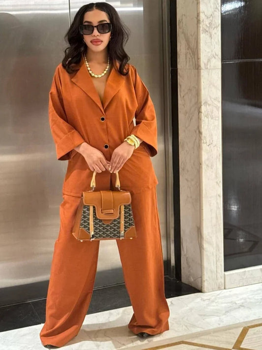 Wmstar Zwei Stück Set Frauen Großhandel Revers Lose Einreiher Hemd Hohe Taille Gerade Bein Hosen Lässig Eleganten Anzug