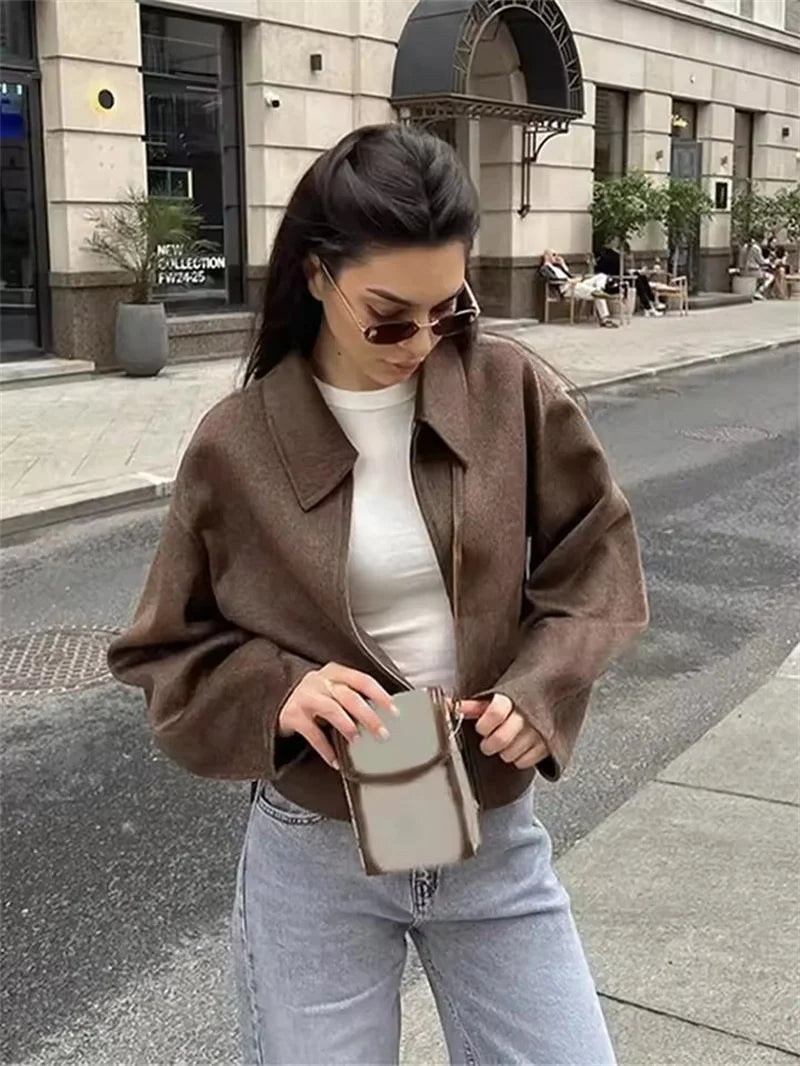 Mode Braun Zipper Woolen Jacke Für Frauen Elegante Revers Langarm Kurze Mäntel Weibliche Vintage Herbst Dame Straße Oberbekleidung