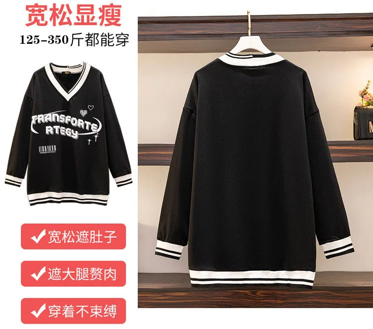 150Kg Plus Größe frauen Fehlschlag 157 Frühling Herbst Lose V-ausschnitt Langarm Drucken Sweatshirts Lässige Top Schwarz 5XL 6XL 7XL 8XL 9XL
