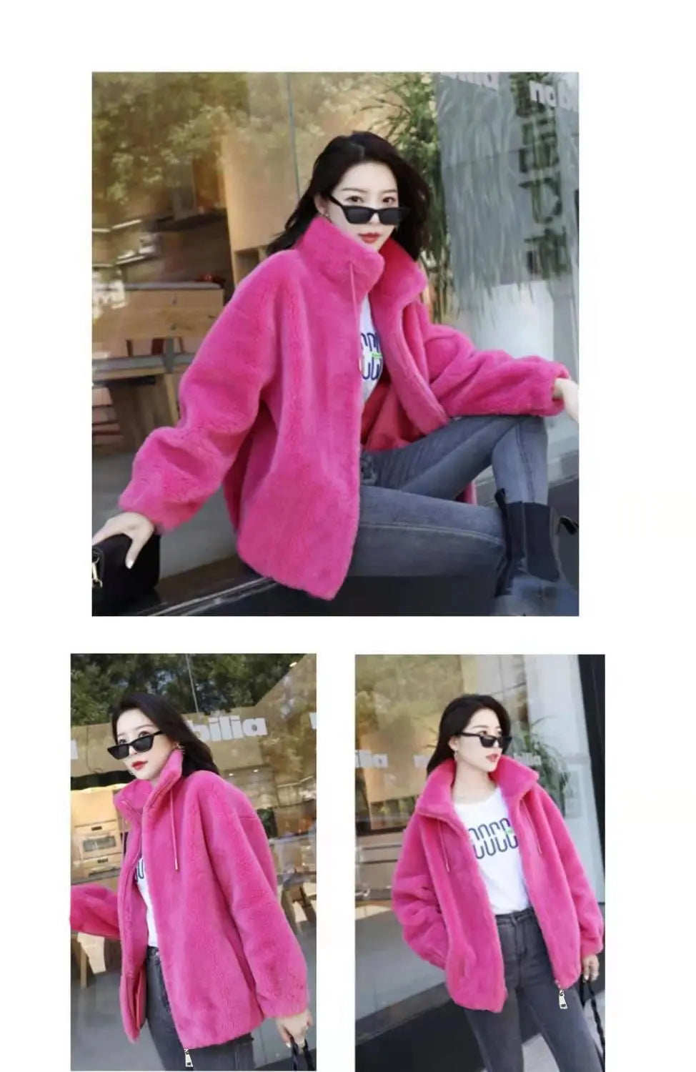 Frauen Winter Doppel Korallen Fleece Warme Mantel Stehkragen Plüsch Dicken Mantel Weibliche Mode Casual Langarm Zipper Kleidung