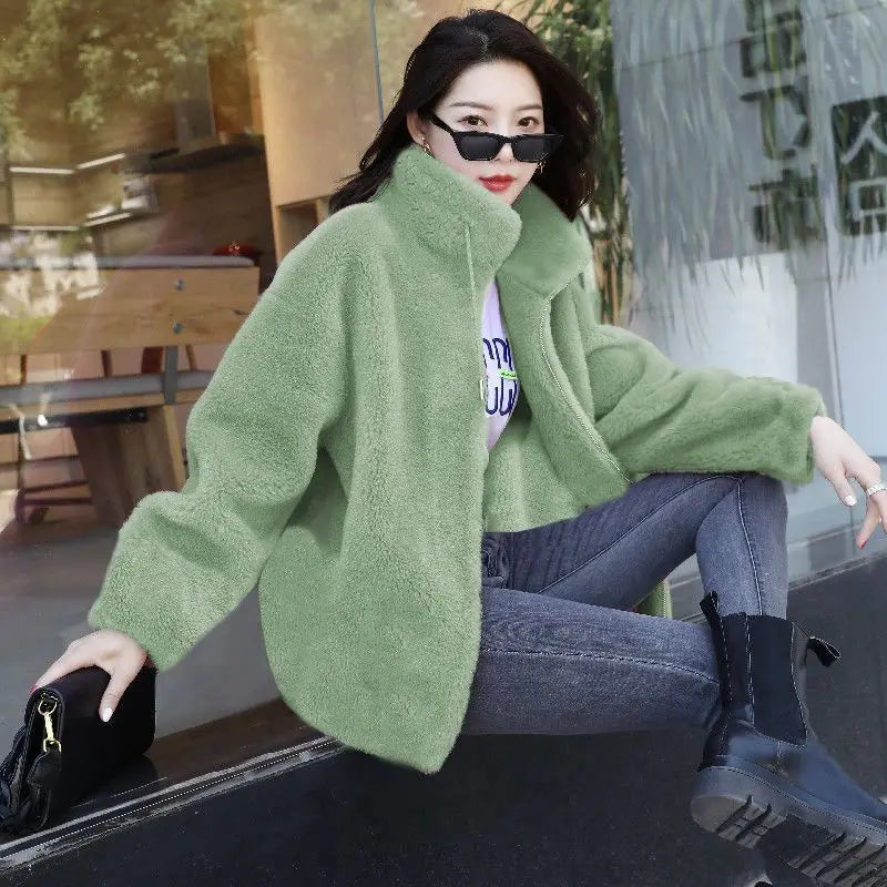 Frauen Winter Doppel Korallen Fleece Warme Mantel Stehkragen Plüsch Dicken Mantel Weibliche Mode Casual Langarm Zipper Kleidung