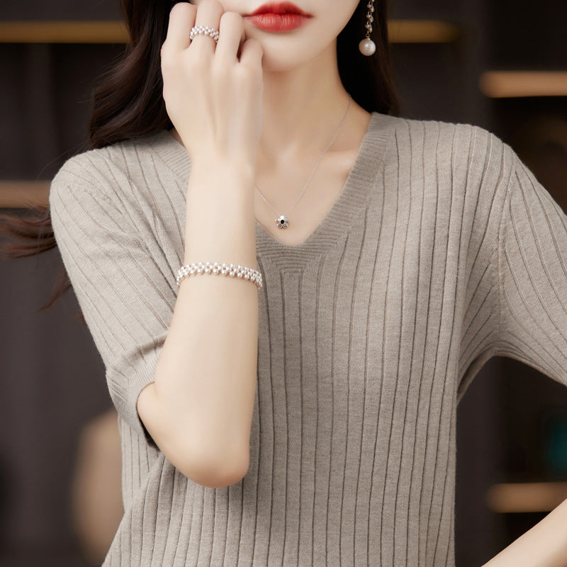 Frauen Pullover Frühling Sommer Kurzarm V-ausschnitt Strick Hemd Casual Koreanische Pullover Streifen Bodenbildung Shirt Slim Fit Jumper