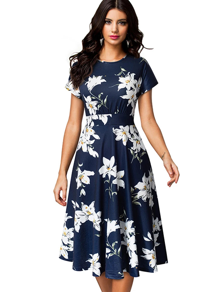 Nice-forever Vintage Elegante Blumen Druck Plissee Rundhals vestidos A-Line Pinup Business Party Frauen Flare Swing Kleid A102