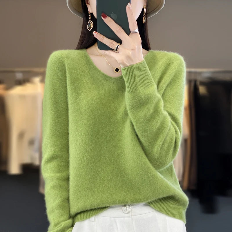 2024 100% Merino Reine Wolle V-ausschnitt Herbst Und Winter Pullover Pullover Neue Kaschmir Pullover frauen Beiläufige Gestrickte Top DMR201