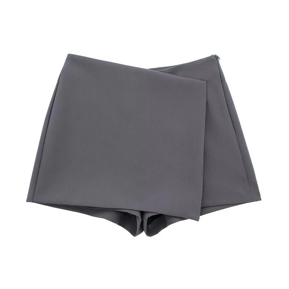Women Fashion Asymmetric Pareo Style Self Overlay Shorts Skirts Vintage High Waist Side Zipper Female Skort Mujer.