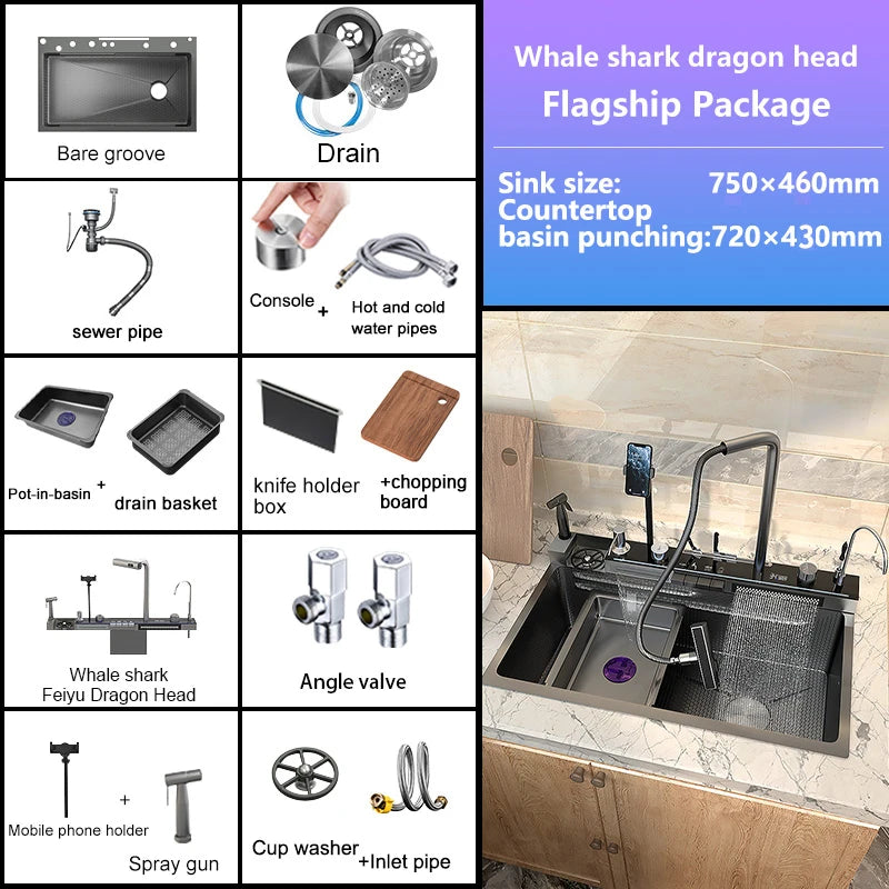 Household Digital Display Piano Button Waterfall Faucet Stainless Steel Kitchen Sink Large Single Bowl Multifunctional Wash Slot