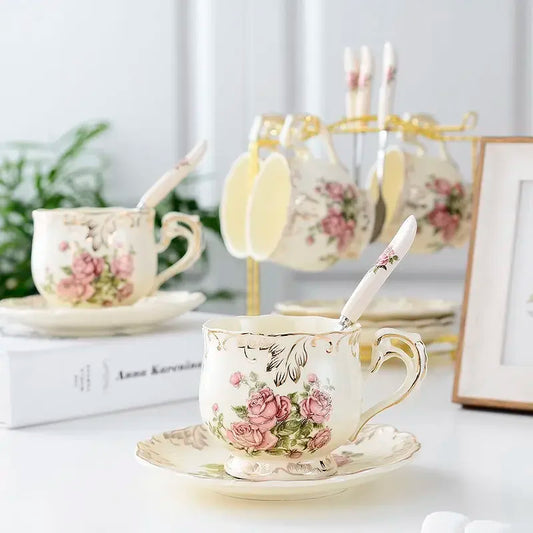 1set Ceramic Hand Painted Coffee Cup With Dish Spoon Vintage Cup Cafe Bar Supplies European Breakfast Colorful Milk Cup.