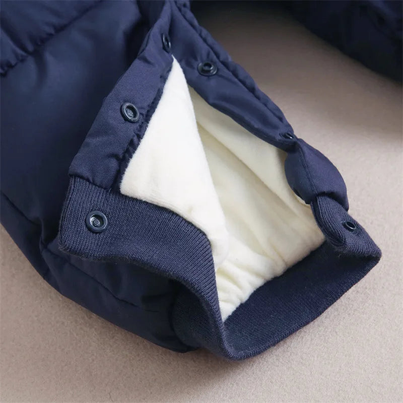 Winter Neue Baby Strampler Jungen Mädchen Patchwork Dicke Plus Samt Overalls Winddicht Mit Kapuze Overalls Schneeanzug Ein Stück Body