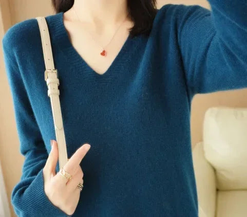 Herbst Winter Frauen Pullover 2025, Koreanische Mode Strickwaren Warme Lange Hülse V-ausschnitt Stricken Pullover Slim Fit Bodenbildung Shirt Jumper