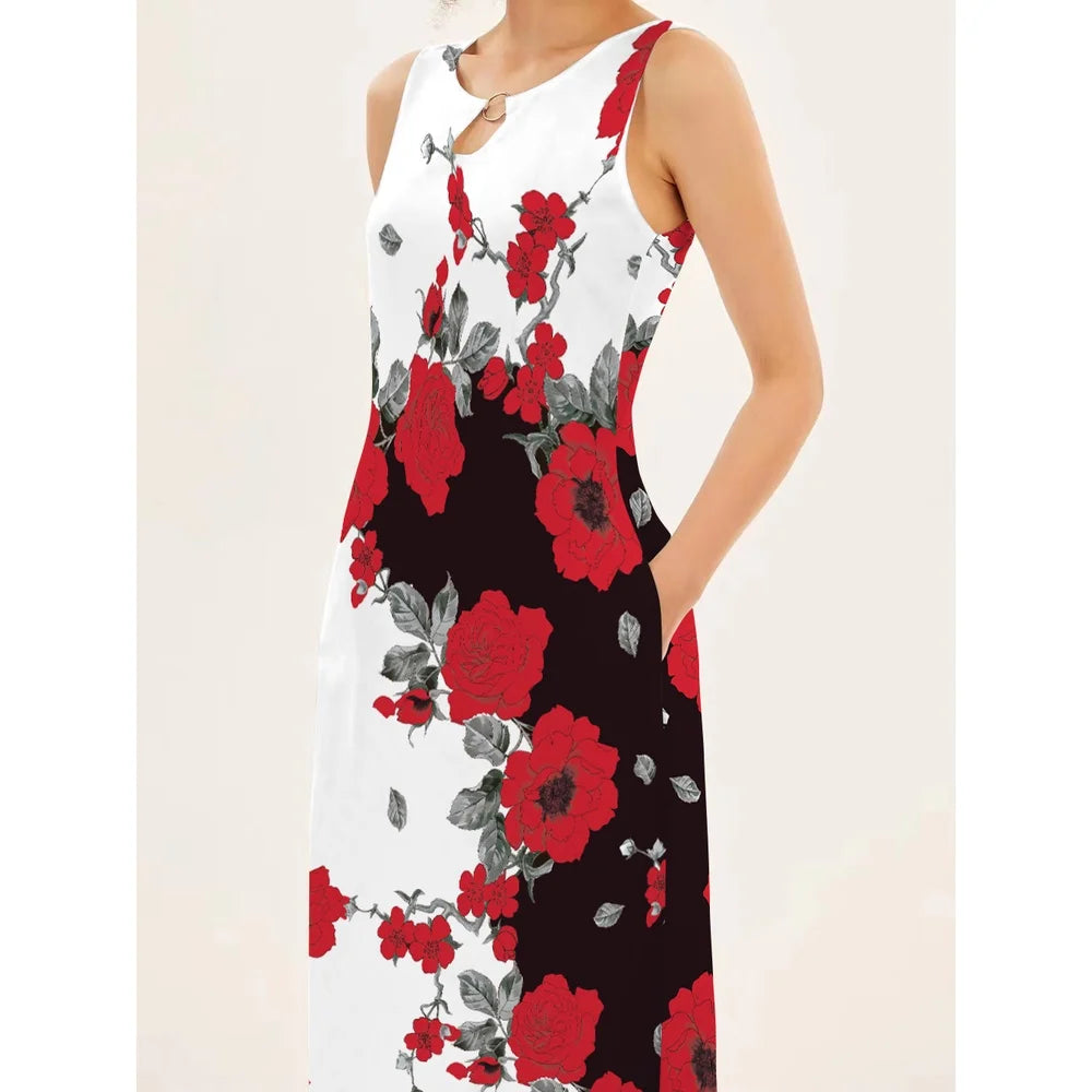 Blumendruck Neues lässiges ärmelloses langes Kleid Damen V-Ausschnitt bedrucktes Kleid Swing Bohemian Retro Kleider