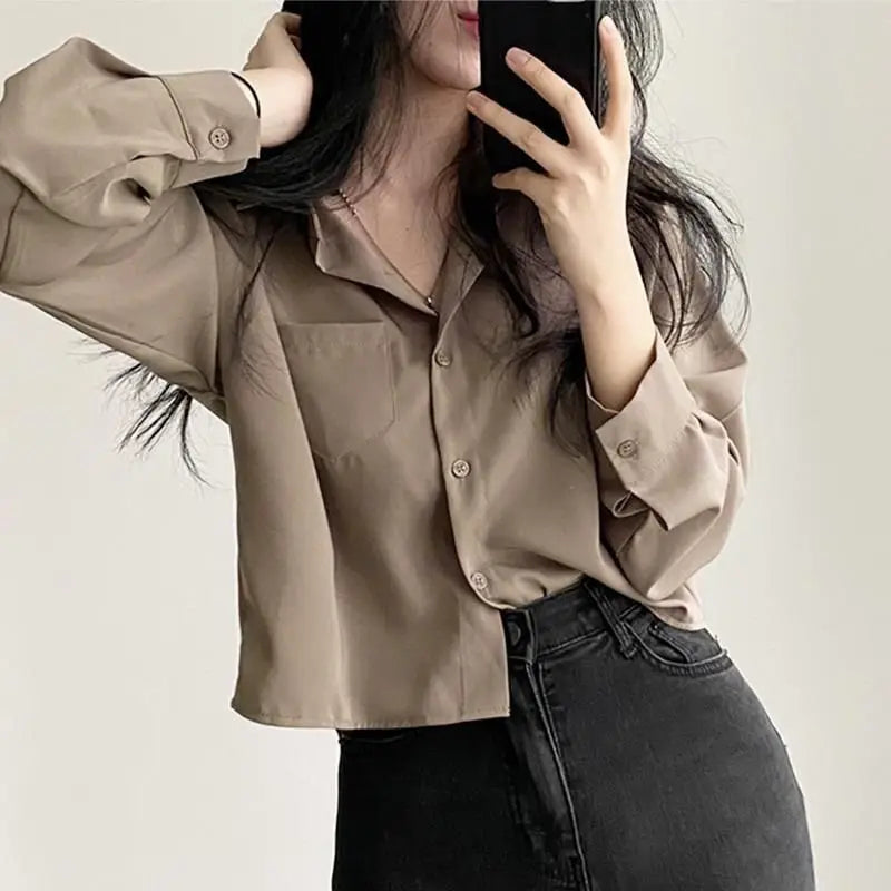 Long Sleeved Shirt And Blouse Simple Single Breasted Loose Casual Solid OL Trend Short Top Simple Elegant Fashion Women Clothes.