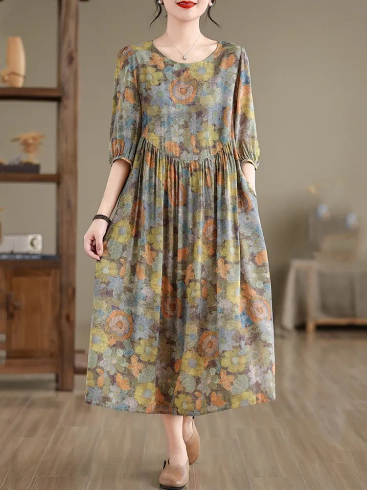 Kurzarm übergroße Baumwolle Satin Vintage Blumen neu in Kleidern für Frauen lässig lose lange Sommerkleid elegante Kleidung.