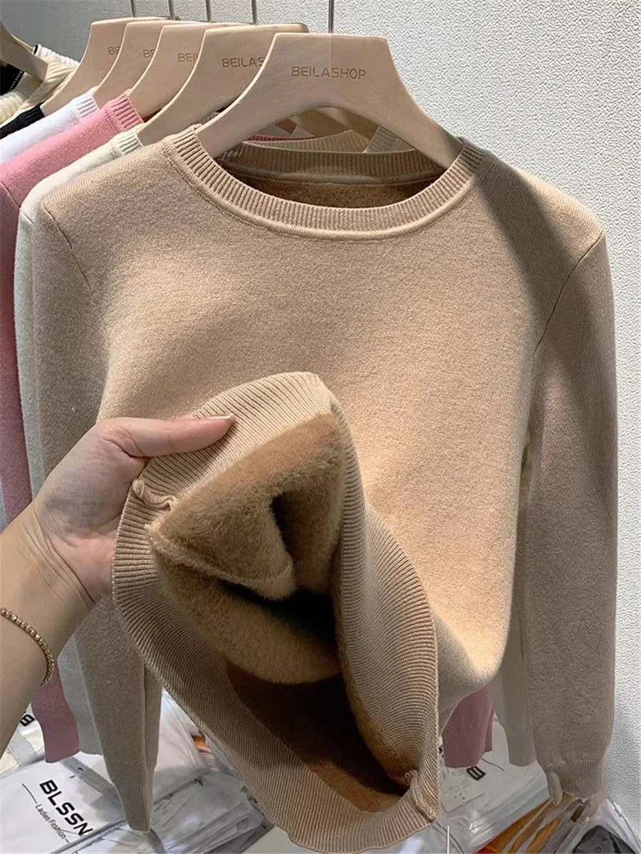 Rosa Pullover Frauen Winter Dicke Warme Stricken Pullover Schlank Plüsch Samt Gefüttert Strickwaren Jumper Langarm Tops Oansatz Poleras Mujer
