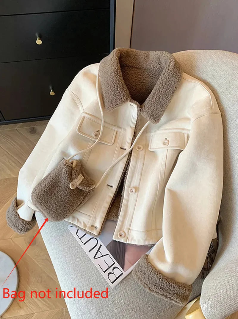 Wildleder Samt Lamm Jacke Frauen Herbst Winter Dicke Warme Turndown Kragen Mantel Y2K Lose Streetwear Alle Spiel Langarm Outwear