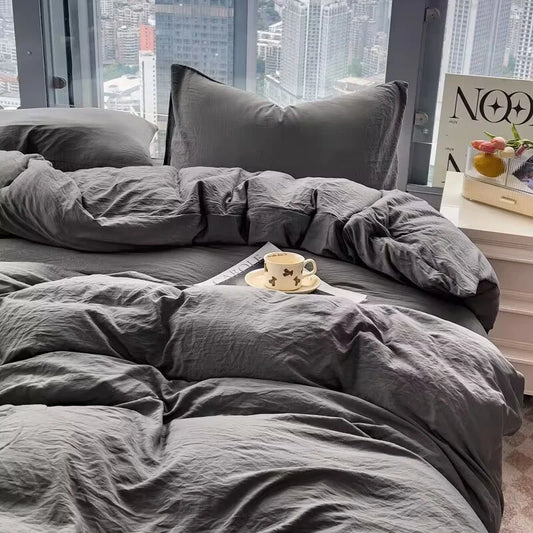 Washed Cotton Bedding Set,Bed Sheet Set, Linen Feel, Super Soft, Comfortable, 4-Piece Duvet Cover Set, Durable and Easy Care.