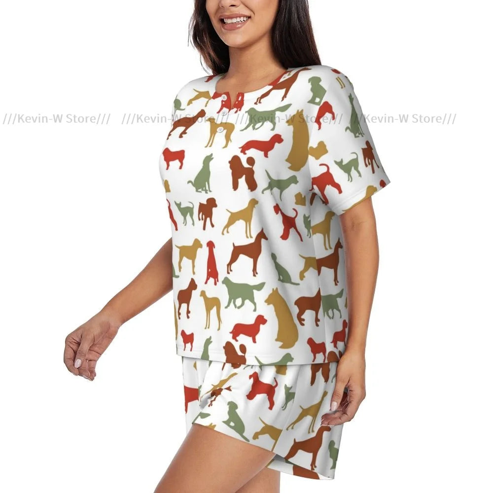 Zweiteiliges Damen-Pyjama-Set mit Rundhalsausschnitt und kurzen Ärmeln. Dog Breed, lässiges Pyjama-Set für zu Hause