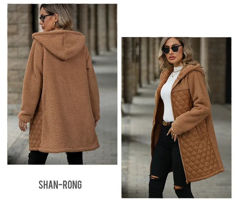 FairyShely 2025 Winter Solide Frauen Jacke Dicken Plüsch Mit Kapuze Warme Lange Hülse Langen Mantel Weiche Zipper Patchwork Strickjacke Dame Mantel