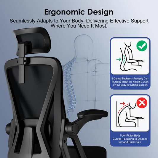 AUTHMIC Ergonomischer Bürostuhl – faltbare Armlehnen, verstellbare Rückenlehne, verstellbare Kopfstütze, verstellbare Lendenwirbelsäule, maximale Belastung 150 kg,