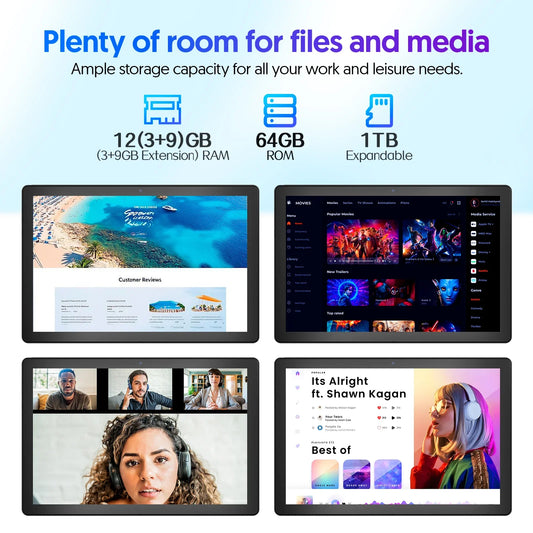 BAKEN Android 15 tablet, 10-inch, 12 (3+9)GB RAM + 64GB ROM, quad-core, 6000mAh battery, includes a free protective case.