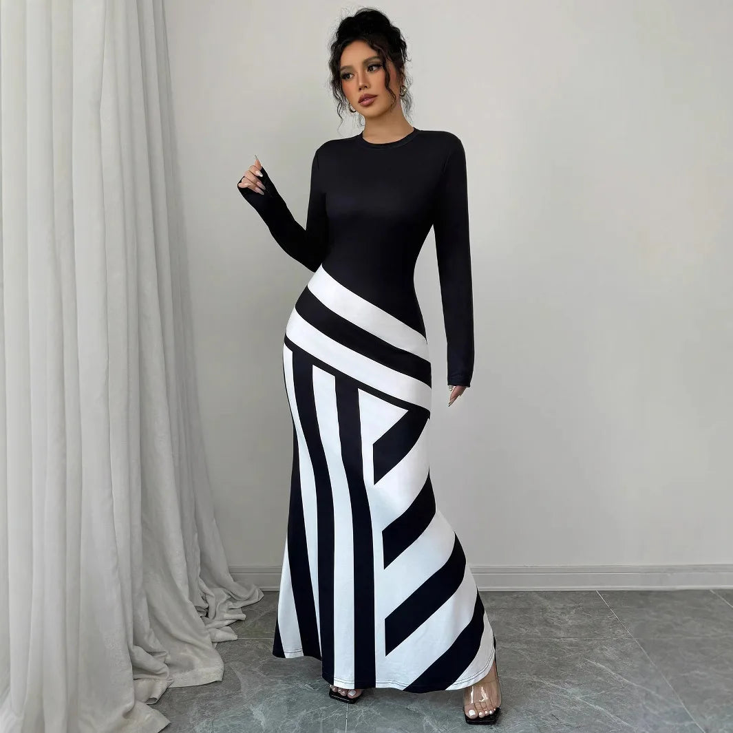 Sexy frauen Maxi Kleider Neue Herbst Streetwear Fashion Schwarz Weiß Patchwork Beiläufige Dünnes Kleid Elegante Gestrickte Kleider Kleidung