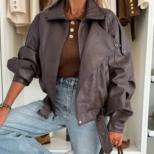 Mode Straße Einfarbig Oberbekleidung Kleidung Vintage Büro Lange Ärmeln Frauen Jacke Neue 2025, Herbst Revers Zipper Leder Mantel.