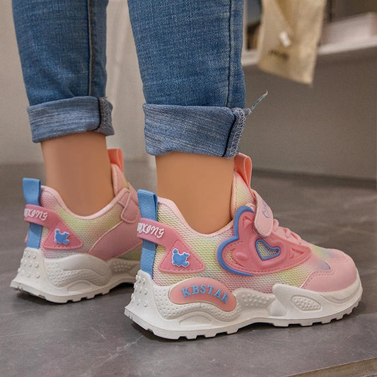 Girls Sports Shoes Kids Running Shoes Pink Breathable Air Mesh Heart Sweet Sneakers Cute Hook & Loop Children's Casual Shoes.