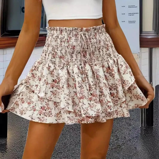 Women's Casual Floral Print Shorts Skirt 2024 Summer Vintage Women's High Waist Pleated Mini Skirt Fashion Loose Elastic Shorts.